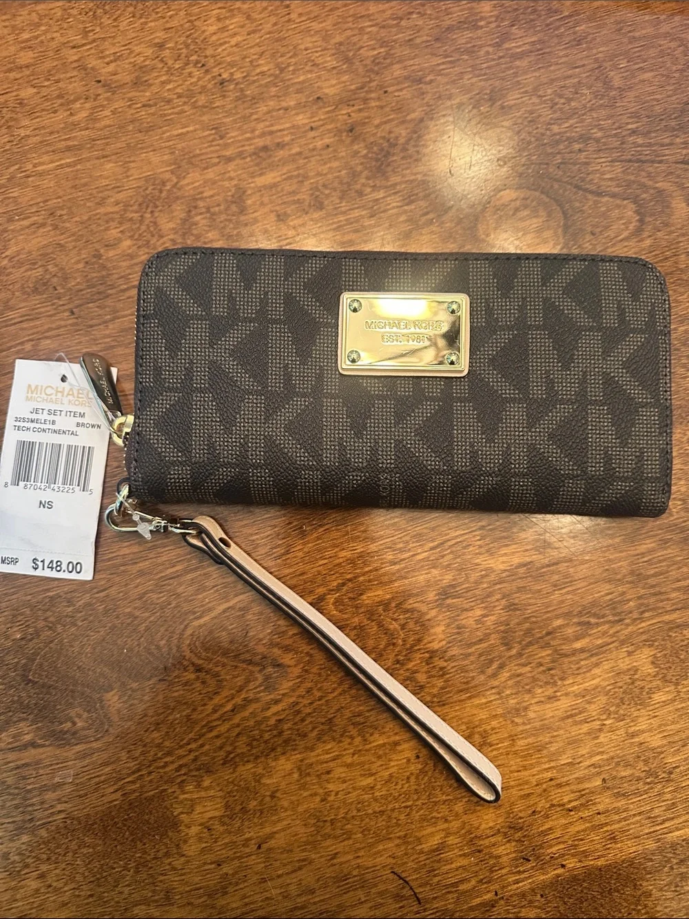 Michael Kors Brown MK Logo Zip-Around Wristlet with Gold Plaque